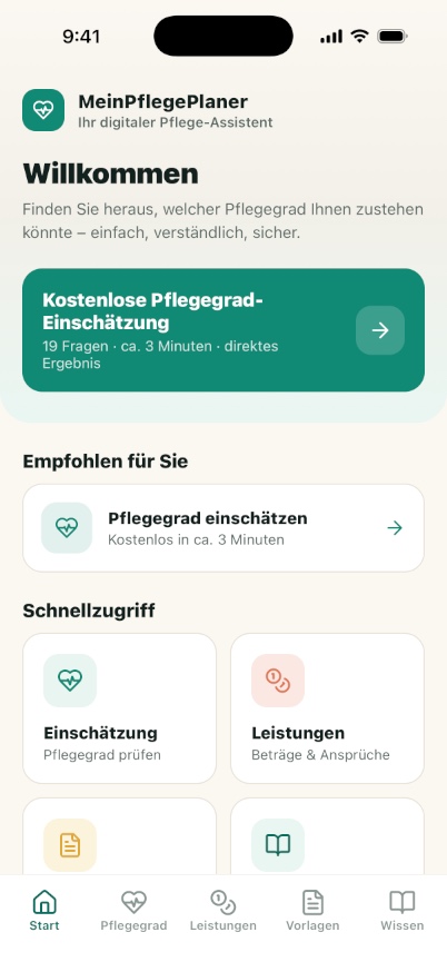 Startansicht der App MeinPflegePlaner