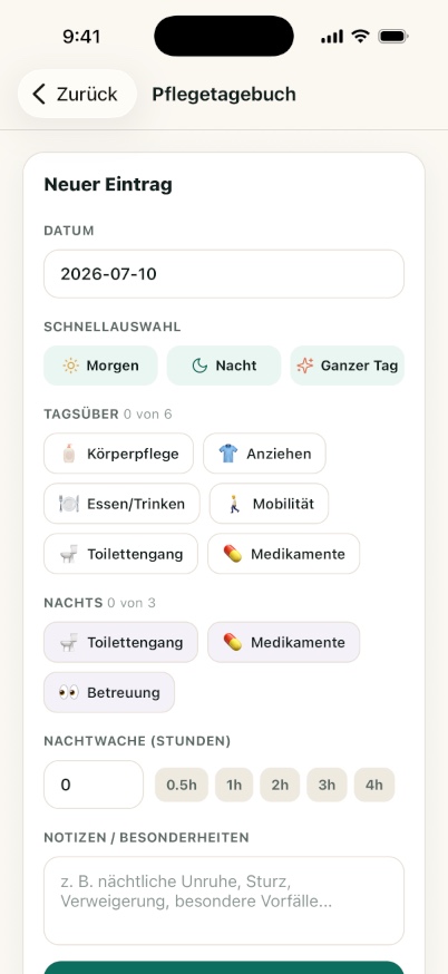 Digitales Pflegetagebuch der App MeinPflegePlaner